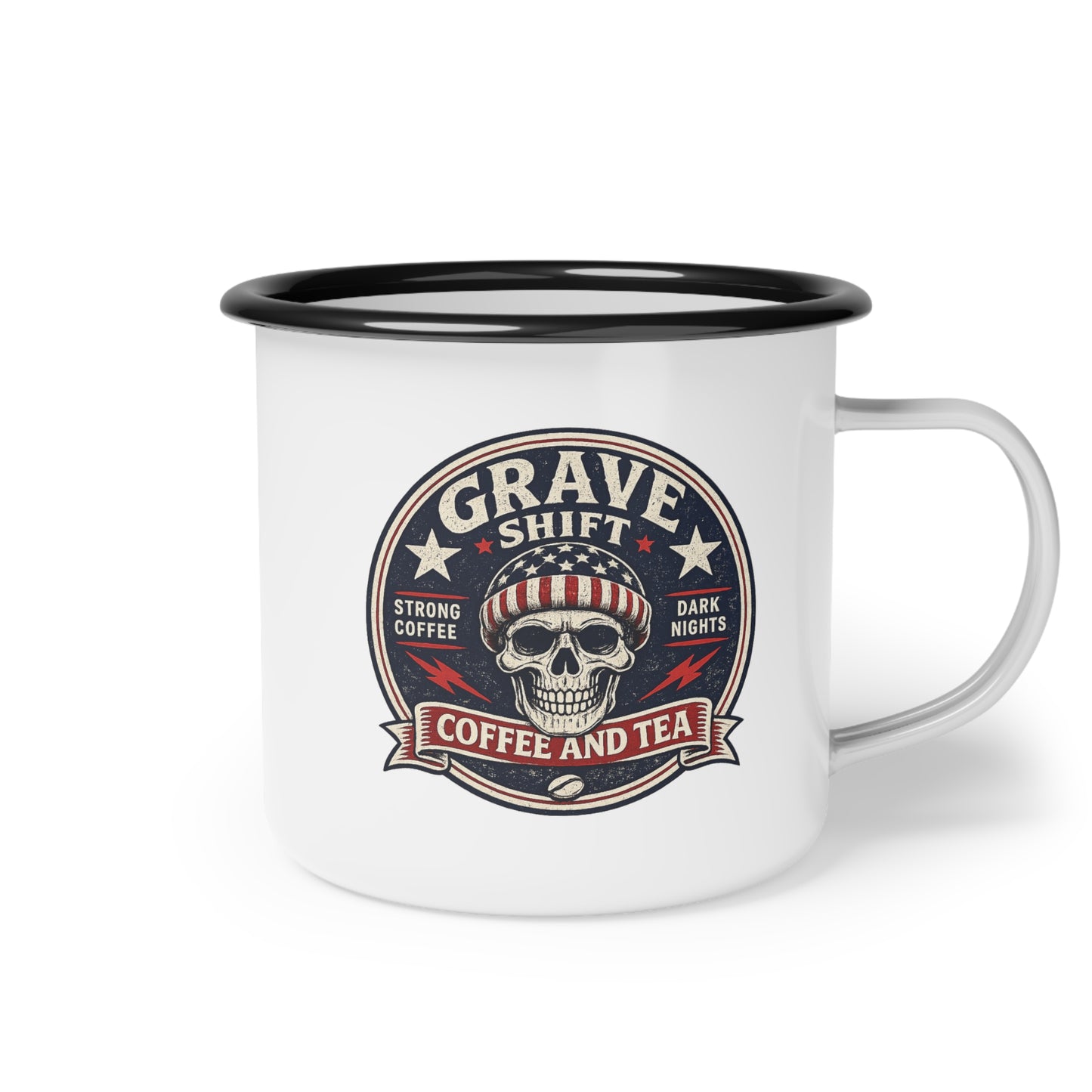 Grave Shift Enamel Camp Cup — Red, White & Blue