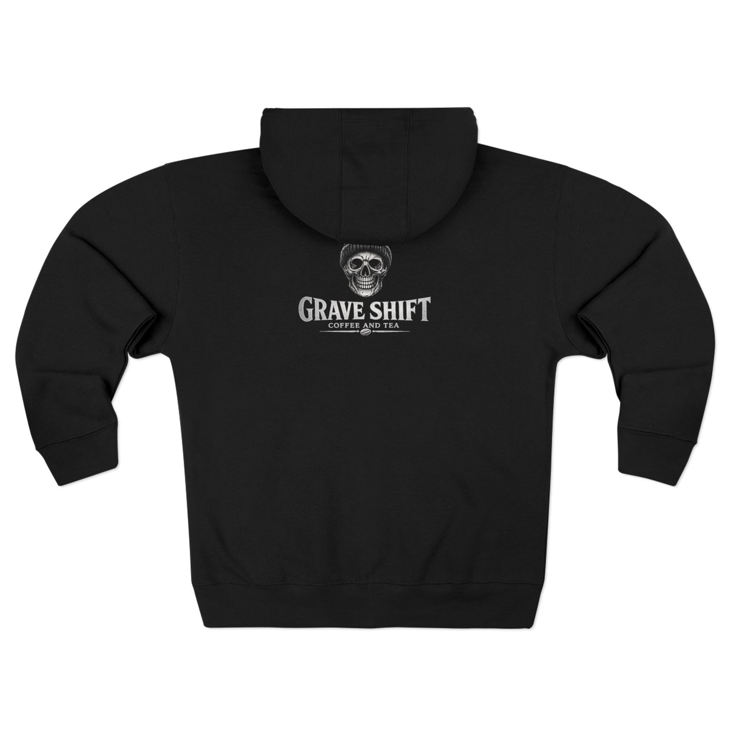 Grave Shift Zip Hoodie — Skull Night Shift Coffee & Tea Design