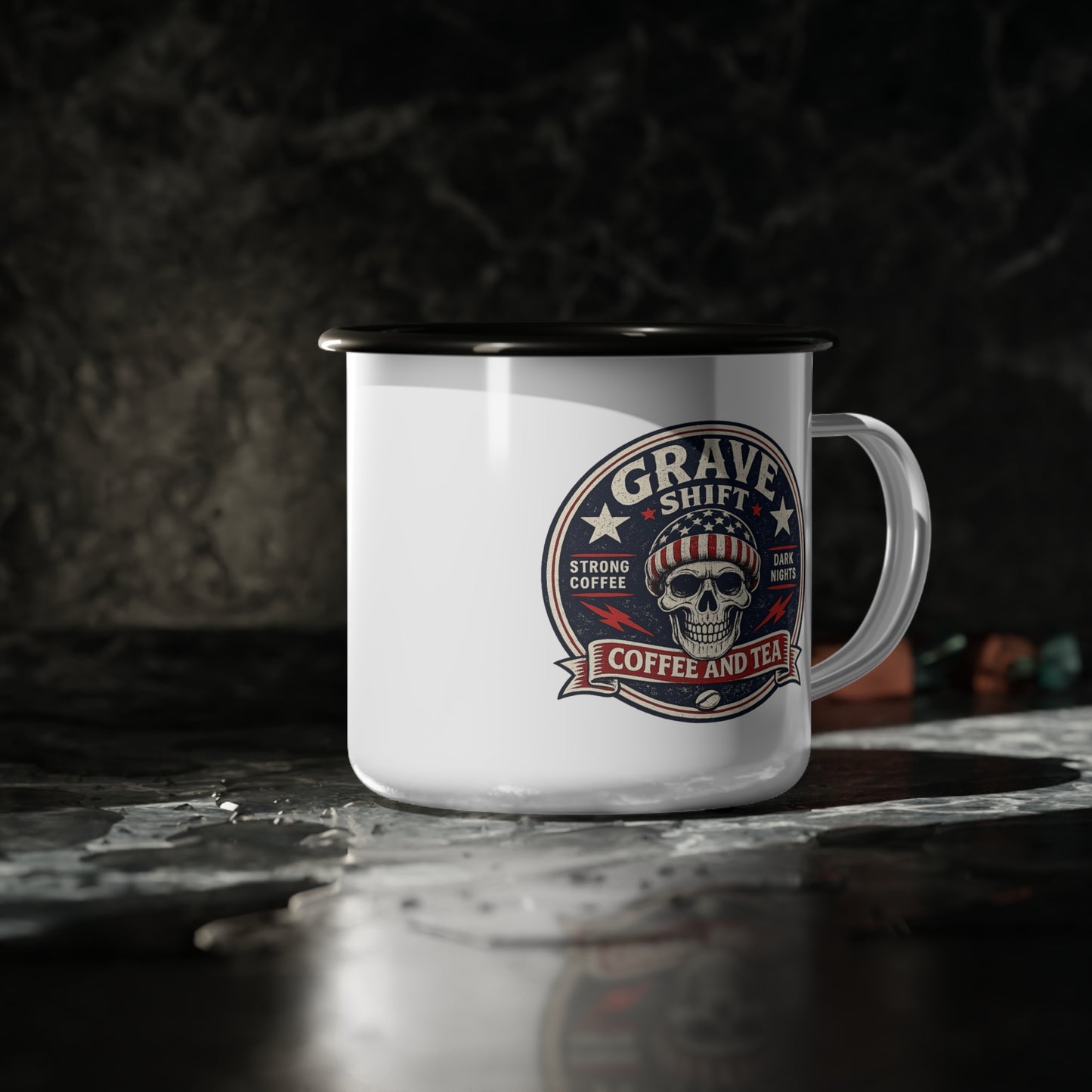 Grave Shift Enamel Camp Cup — Red, White & Blue